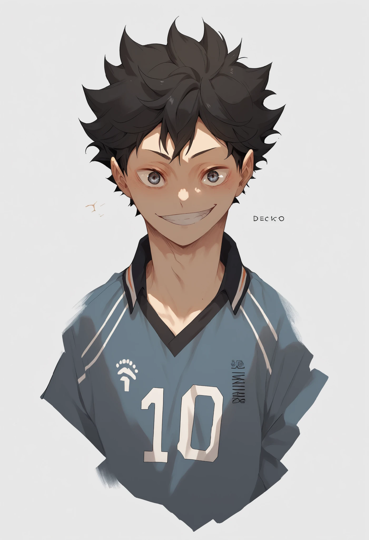 Half-bodied character Hinata from haikyuu, black hair with a penetrating look and an imposing smile , he is holding the volleyball with impact, uniforme desgastado, In the background and around it there are crows, symbols, anime-style fanart digital quality. bright color palette, dark