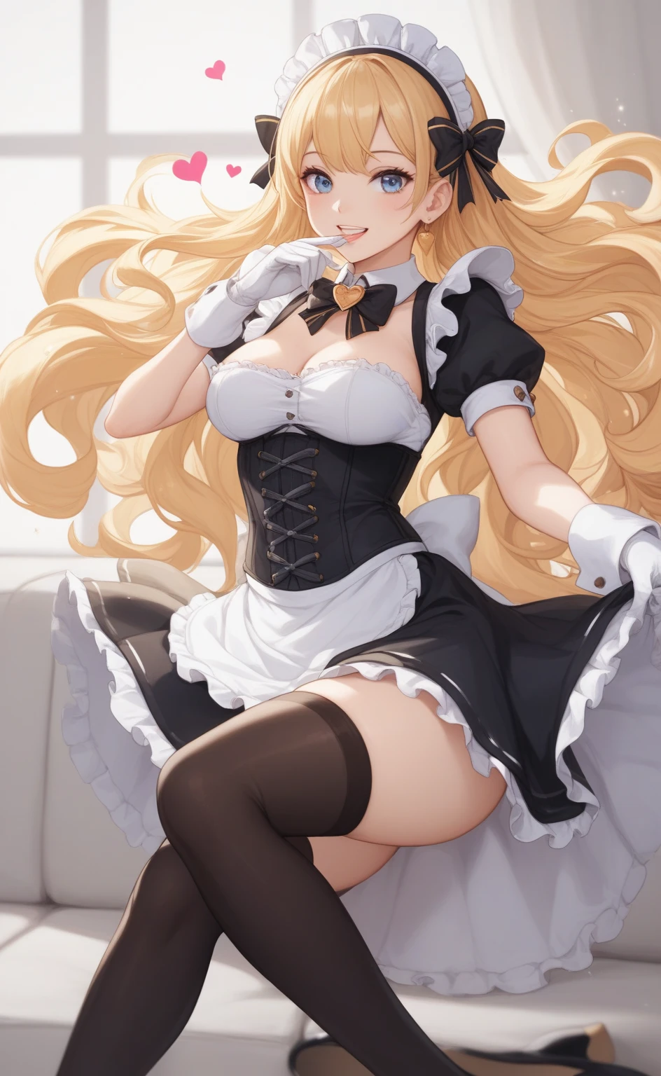 caucasian 1girl blond tsundere twintails (pubic_hair)++,white_gloves,lifted_by_self, thighhighs,high-waist_skirt,pussy, in room,wet_skin ,chandelier window