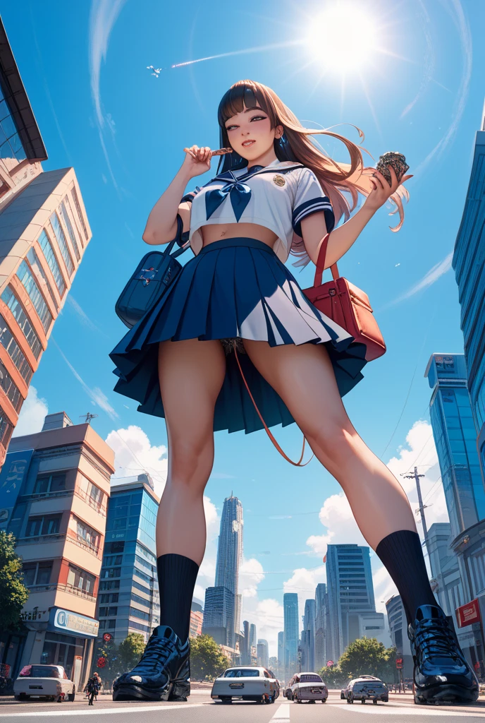 (((masterpiece, Highest quality, High resolution, 超High resolution, Perfect Pixel, Depth of written boundary, 4K, RTTX 10.0))), Beautiful Anime Woman, Beautiful art style, Anime characters, ((Smooth texture, Realistic texture, Anime CG Style)), Exact finger count、Exact number of legs、(Exact number of arms:1.0, Exact number of hands:1.0), (Perfect hands, Perfect Anatomy), Cinematic, Realistic, Extremely detailed CG, Daytime lighting, Perfect lighting, Best Shadow, The best natural light, whole body, Perfect body, Slender body, ((bangs, Dark brown hair, Stylish hairstyle)), (一人の大人の女性がstageを歩いている.:1.4), (Beige cardigan, Checkered micro mini skirt, Knee socks:1.3)、Angle from directly below the rear, ((Sexy and stylish adult blue underwear:1.3), (Stylish shiny blue satin panties, Side-tie blue panties, Blue panties with lace trim:1.3), (Thin panties with red ribbon:1.3)), (blush:1), (Very embarrassed look:1.4), (City hustle and bustle, Buildings on the background, Sidewalk, Intersection in the background, Akihabara-like streetscape, Many people dressed in clothes in the background々,stage:1.4)