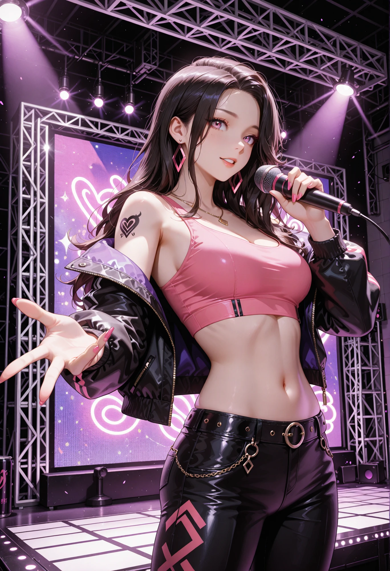 always with idol,colorful plain clothes,fantastic,glamorous,outdoor,safe,sparkle,adult,woman,solo,smile,watch viewer,microphone hold,outdoor stage,idol,beauty