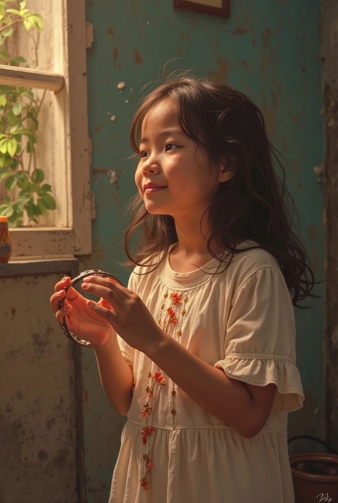 A girl wearing yellow sleeveless frock standing outside a house sees a lady wearing green knitted cardigan through a chink opened door