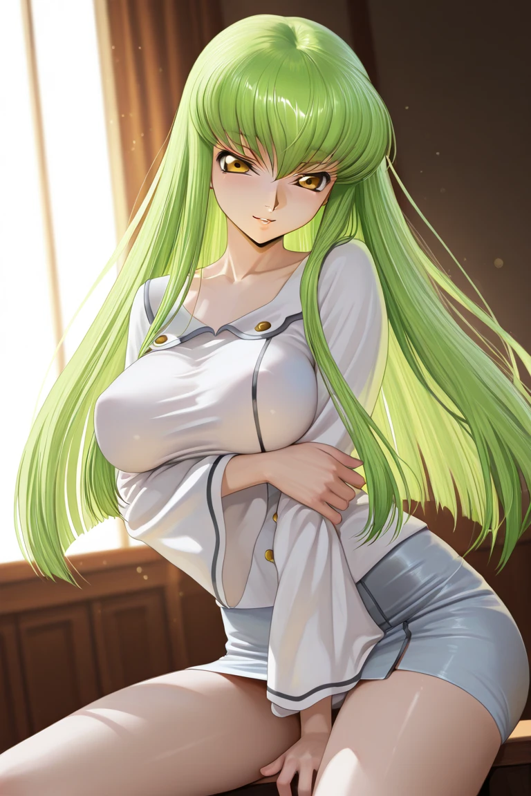 ((best quality)), ((Masterpiece)), (details), perfect face,ยามาโตะ จาก One Piece,Young woman,Cute face,long white-green hair,black eyes,He has red-orange horns. ,white shirt,red skirt,sensuality,Milk groove,round milk,Beautiful chest,white skin,stand,expressionless face,Masterpiece,realistic,blur,4k,Shiny skin