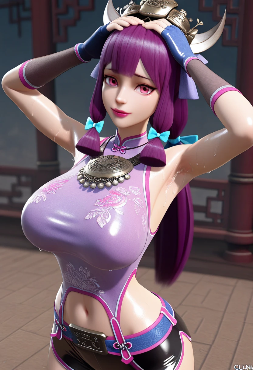 Chinese Idol　Metallic purple competitive swimsuit　Purple hair　eye glass　Changing rooms at night　sexy smiling　bbw　large boob　full of sweat　Skin shiny with sweat 　 ((Chained arms and legs suspended from the ceiling、Lifted high into the air))　Red Rouge plump lips　Portrait　low angles　Soft lighting　((Only one person))