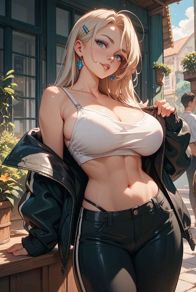 Big breasts, 1girl, ((blonde hair)) ((girl Ino Yamanaka))perfect eyes, has an extremely sexy body, with full breasts and a thin waist, and an extremely sexy body, leather jacket clothes and ripped jeans, has a bold look. young, quality, realistic, best quality, cute expression, shy smile, calm, convenience store, street, city
