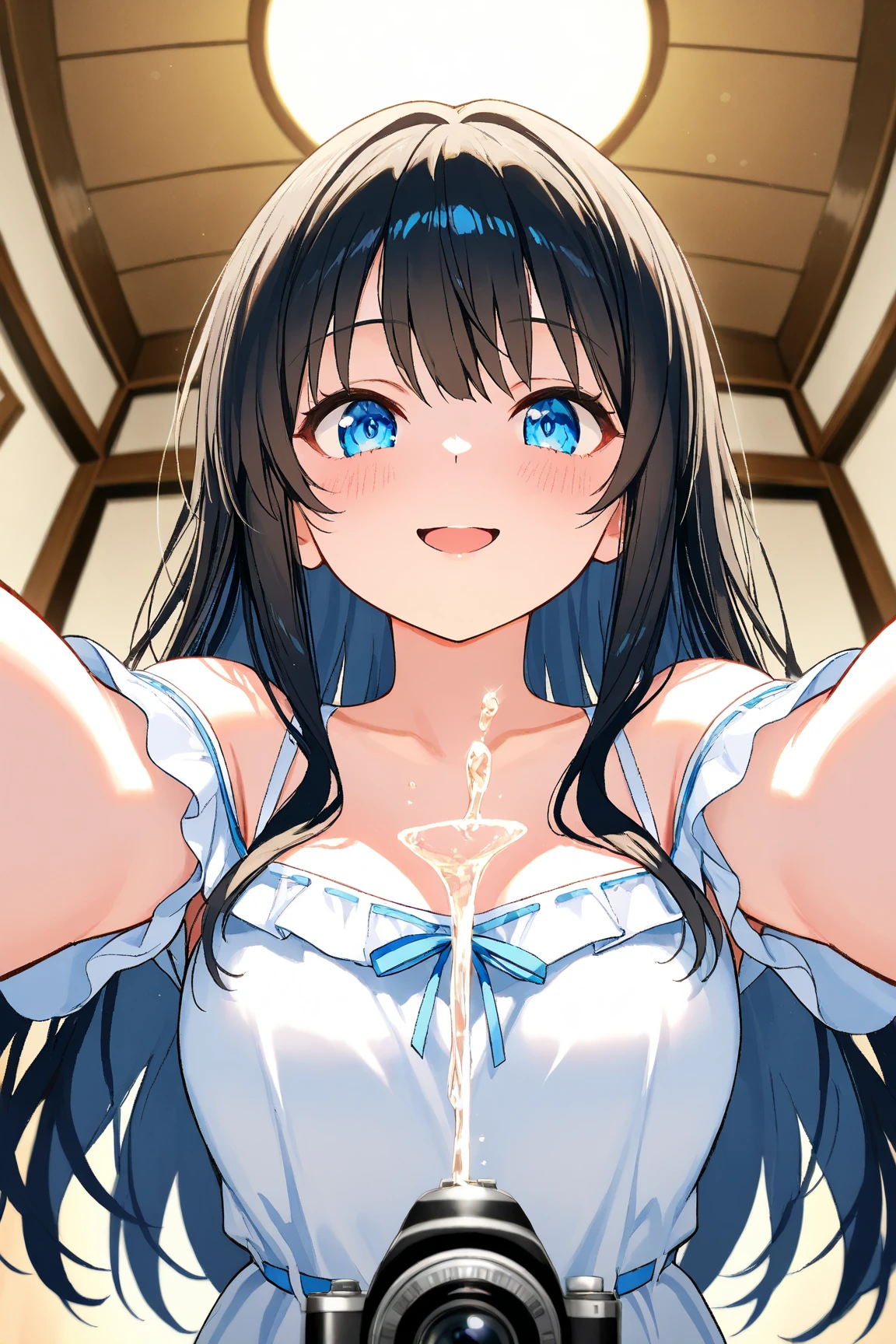 1girl, lKAMIJOURUI, BLACK HAIR, HAIRCLIP, HAIR ORNAMENT, BANGS, LONG HAIR, GREEN EYES,, church, large breasts, smile, ,(wearing nothing:2),, cooking, nsfw, (Sweating profusely, Love juice, Wet Woman, female ejaculation) Nipples, Peeing, lactation, projectile lactation