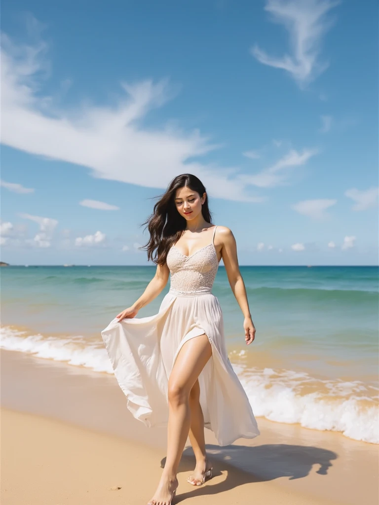 Long black hair girl, Sky blue fitted dress , She has big hips, big breasts, 