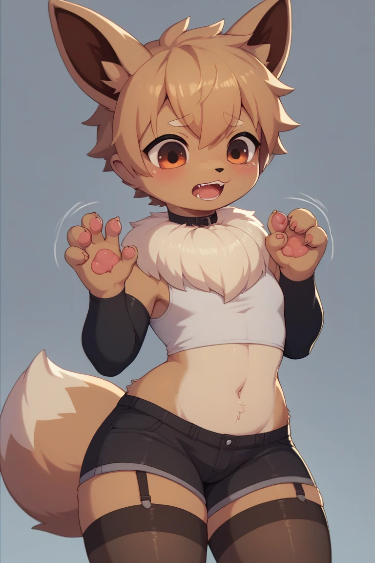 (Has light brown hair and yellow fur、A furry little human fennec fox boy), Naked,Stay naked, Happy, blush, whole body, paw pose,