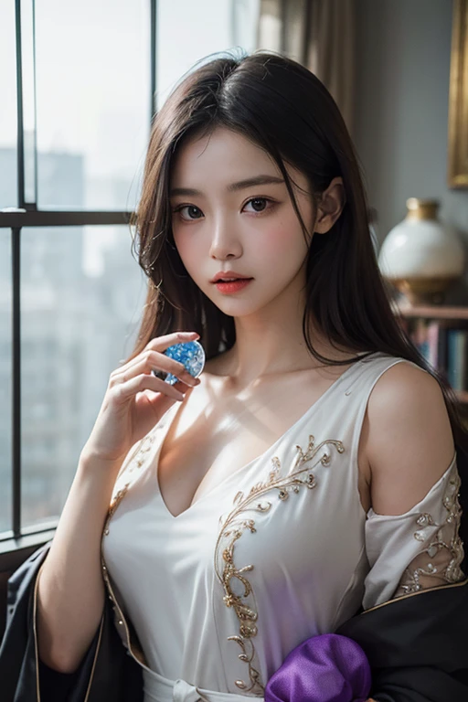 best quality, masterpiece, high resolution, 1 girl, porcelain dress,fishnet socking, hair ornament, necklace, jewelry, beautiful face, on body, tyndall effect, photorealistic, dark studio, rim lighting, two-color lighting, (highly detailed skin: 1.2), 8k uhd, dslr, soft lighting, high quality, volumetric lighting, candid, photography, high resolution, 4k, 8k, Bokeh,