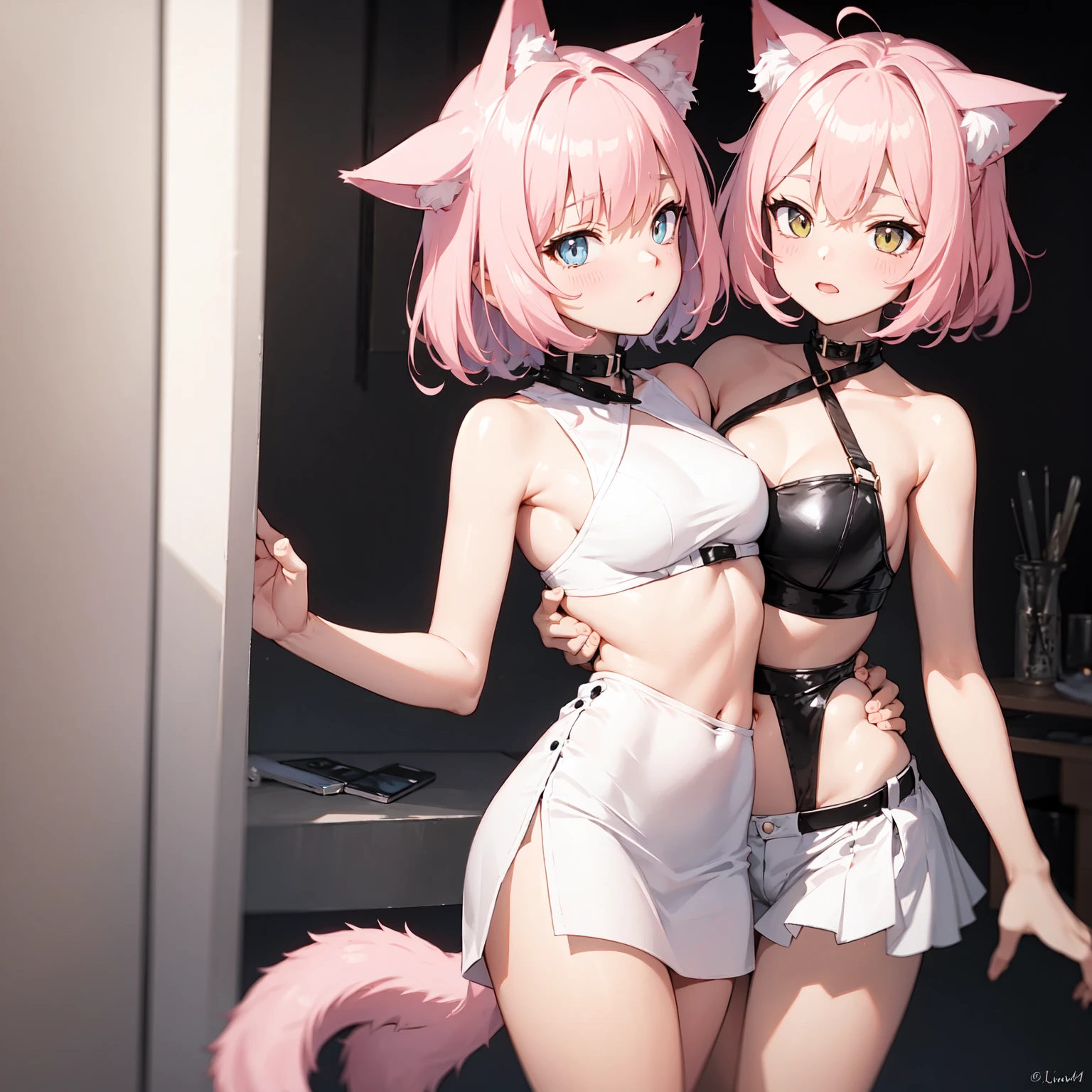two separate pictures of anime girls dressed up for sex with their legs spread, animal hands, animal ears, ass, tail, multiple girls, cat ears, gloves, paw gloves, sitting, 2girls, short hair, underwear, panties, cat tail, looking back, open mouth