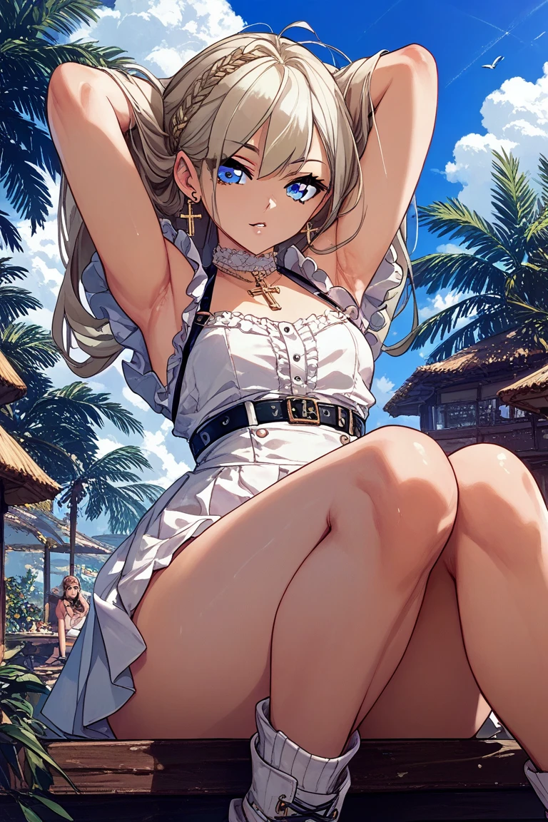 nsfw:1.6, Top quality, masterpiece, ultra high resolution, , (top quality, high resolution, 4K, detailed lighting, shaders, perfect anatomy, perfect proportions), eye of the beholder, (masterpiece, top quality) (top quality, 4K, 8K, high resolution, masterpiece: 1.2), highly detailed, (masterpiece: 1.3, top quality, ultra high resolution, ultra detailed), (top quality: 1.2), perfect eyes, perfect face, perfect lighting, (top quality, 4K, 8K, high resolution, masterpiece: 1.2), highly detailed, (top quality, 4K, 8K, high resolution, masterpiece: 1.5), highly detailed, masterpiece, top quality, ultra detailed, top quality, high resolution, 32K CG, very delicate and beautiful, illustration, high resolution, sharp focus, front lighting, glow, girl 1 person, solo, smiling, very beautiful and detailed anime face, very detailed eyes, ((masterpiece)), ((best quality)), (super detailed), ((cute)), cute, ((very detailed)), 4K, (8K), best quality, (best quality, 8K, 32k, masterpiece, super high resolution, very detailed, impressionistic:1.2), blurred background, (((two arms))) , (((two foot))), (((four fingers and 1 thumb))), Best quality , ((only one naval)),

Female. ((Blonde hair)). ((((Topless)))). (White panties). ((Ponytail with red ribbon)). ((Bangs swept to the side, revealing her forehead)). Beautiful blue-green eyes. Deep pupils. Pink lips. ((Big boobs)). Full breasts. Well-shaped breasts. Small pink nipples. Tiny waist. Perfect proportions. Slender body. Well-proportioned body. ((Tan lines: 0.8)). Bright smile. Happy. Laughing. Blushing. (("Hey, aren't my nipples cute? Take a good look!")). ((White choker)). Earrings. Necklace. Bracelet. Anklet. (Beautiful resort beach).