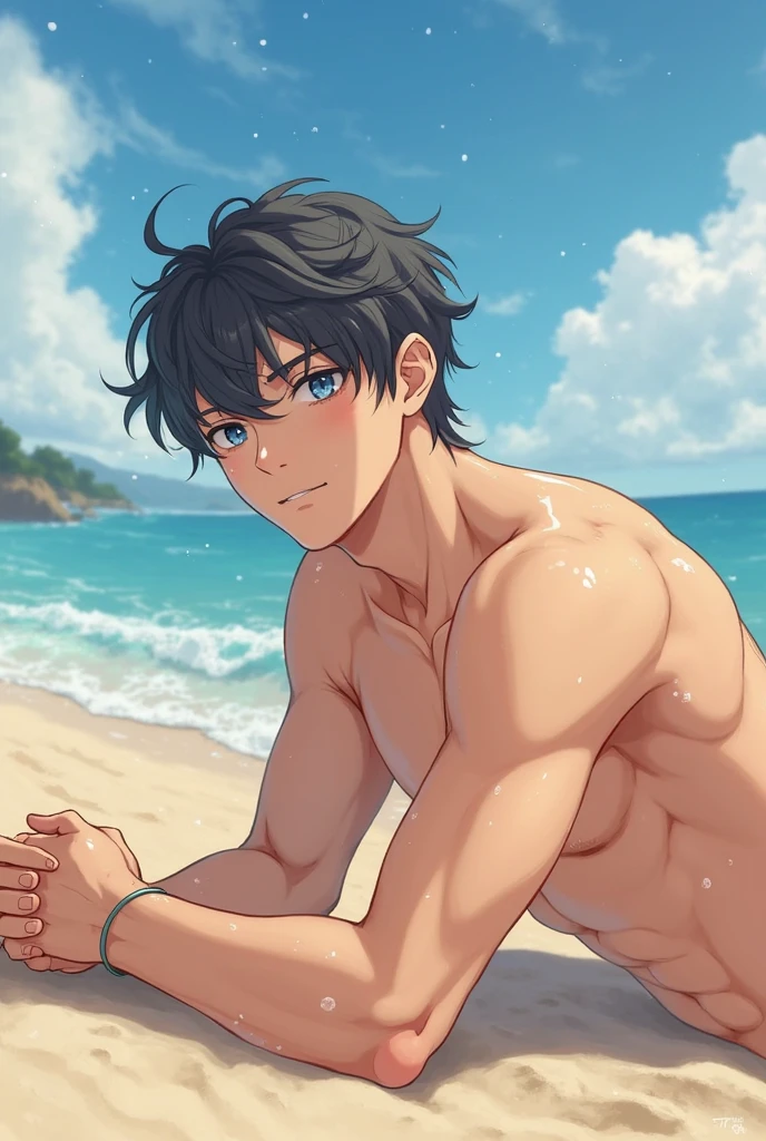 Handsome Japanese male models 　　　Short cut　　　　Slim figure　　barefoot　　smile　looking at the camera　　　　soaked　Ocean　Bright blue tight-fitting spats-type swimwear　　sit　Topless