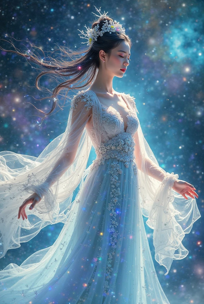 Dahae, dressed in her enigmatic outfit composed of an ethereal gown bathed in a celestial glow, defies gravity while artfully posing amidst a surrealist dreamscape filled with hidden truths and unfathomable mysteries, revealing a graceful elegance that transforms the universe into a wondrous canvas. <lora:klwkok18f62b7877fh6a0:1>