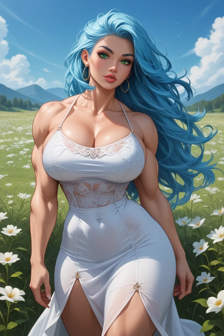 ((masterpiece, best quality)),(illustration),(detailedlight),((anextremelydelicateandbeautiful)),1girl,GodolphinArabian,long hair,blue hair,green eyes,horse ears,horse girl,hair_ornament,white dress, bare shoulders, ,sleeveless,evening dress,long dress,outdoors, light,blue sky, horizon, meadow, wild