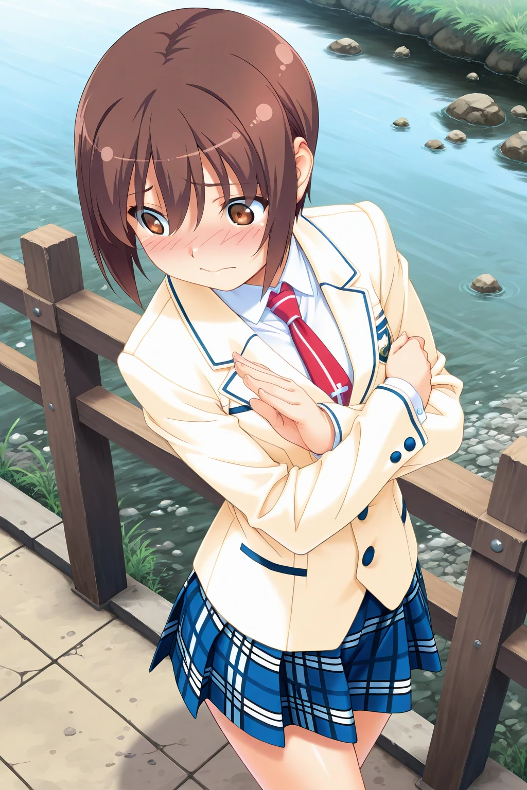 Makaijisuku 2, 1 girl, alone, Brown Hair, Brown eyes, , blazer, tie, Checked skirt, blush, Open your mouth, smile, garden, blue sky, cloud, Upper Body, Are standing, Cowboy Shot, Skirt Lift ,((panties))