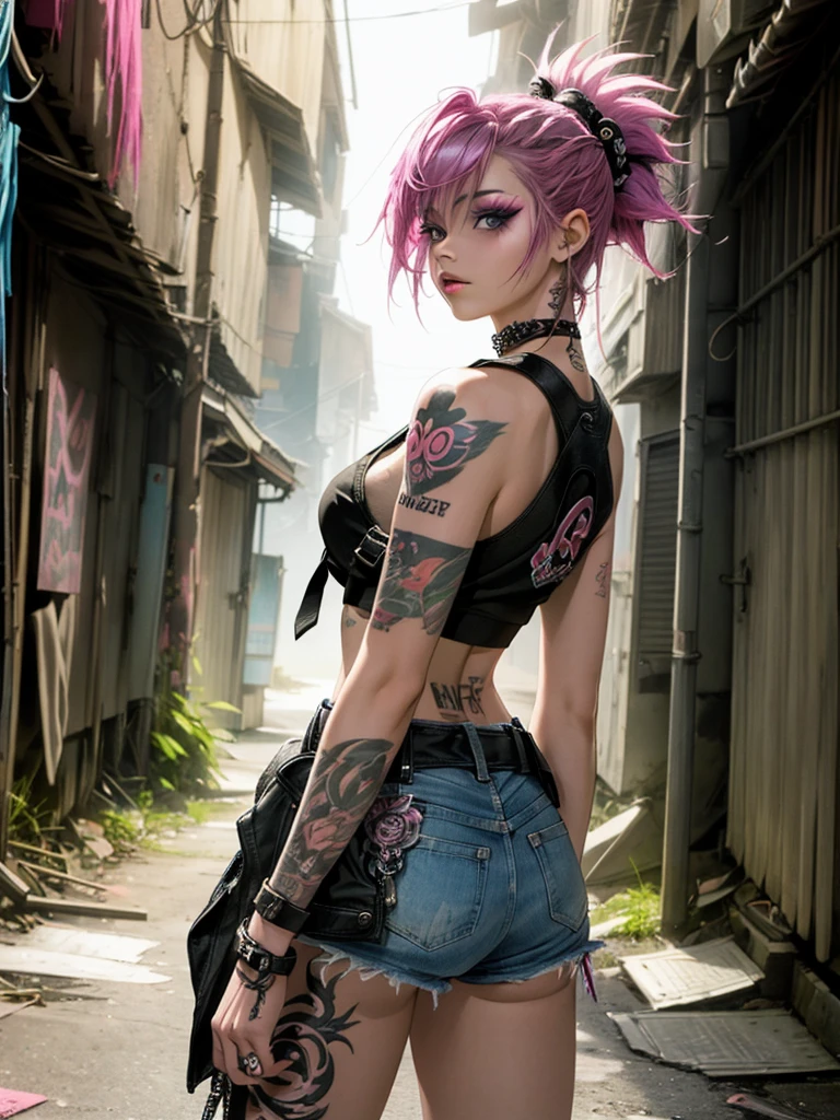 (top-quality、8K、32K、masterpiece、nffsw:1.3)、(Photorealsitic:1.4),18-year-old punk girl,turned around、Wacky punk hair,Radical punk fashion,Tank Tops、Leather Vest、A pink-haired,Wacky makeup、a lot of tattoos、Street background、lensflare、depth of fields,blurry backround,,,,,,,,,,,,