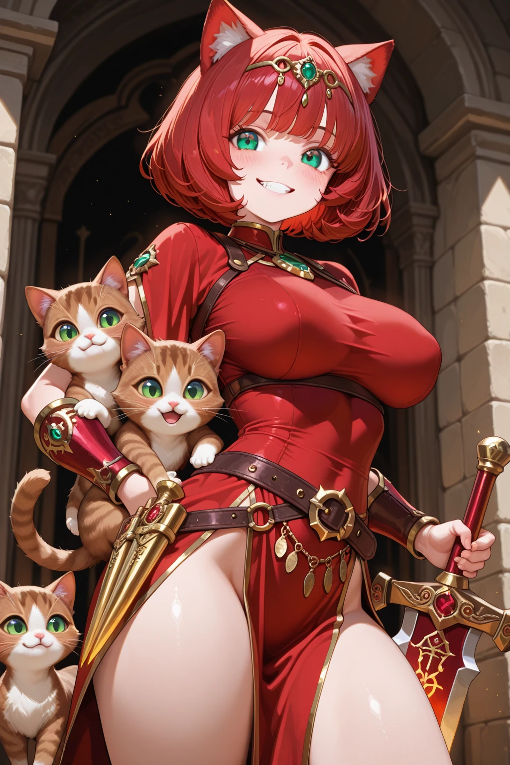 short, girly, sultry, voluptuous, buxom, shortstacked feline furry concubine((gigantic comically large saggy breasts, largest breasts in the world, very very large wide heavy , huge pillowy breasts)) (dark gray tabby striped fur, dark red hair bob cut, pale yellow cat eyes, busty, long eyelashes, top-heavy, tiny waist, broad womanly hips, exaggerated breasts, delicate whiskers, full lips, short thick legs, big head, thigh gap) wearing a green tunic with gold trim, leather sandals and garter, and silver crescent moon jewelry.  she is standing proudly, shoulders back, chest thrust forward, hands on her hips, legs shoulder width apart. 