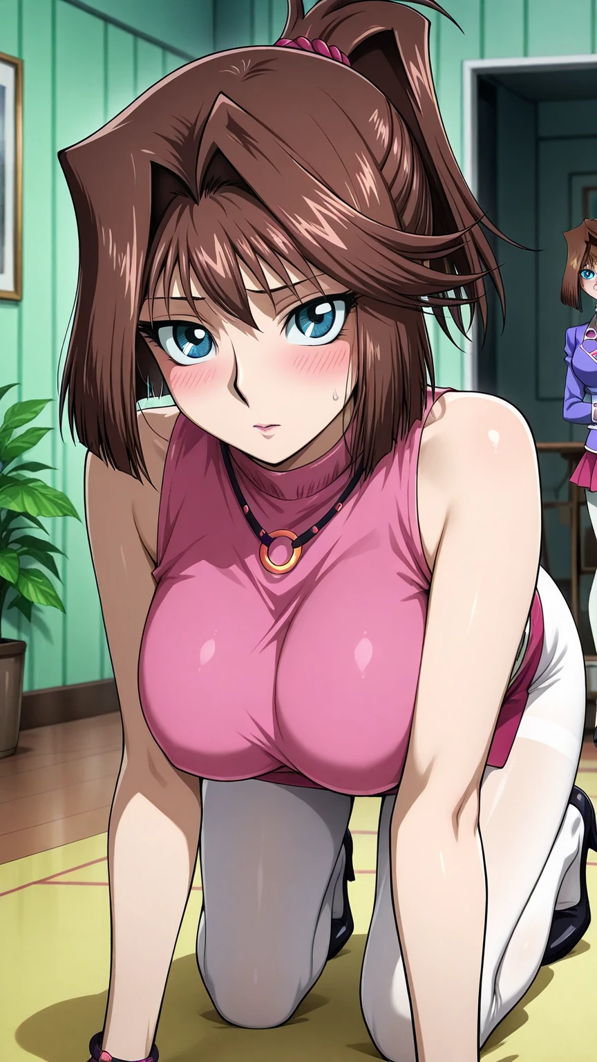 score_9, score_8_up, source_anime Bibl3, tomboy, tanned skin, brown hair, short hair, huge breasts, wide hips, viewed from above, soft smile, empty eyes, relaxed expression, hypnotized, open mouth, looking at viewer, full lips, vivid lips, detailed eyes, clothes on floor, big ass, ass focus, pretty girl,