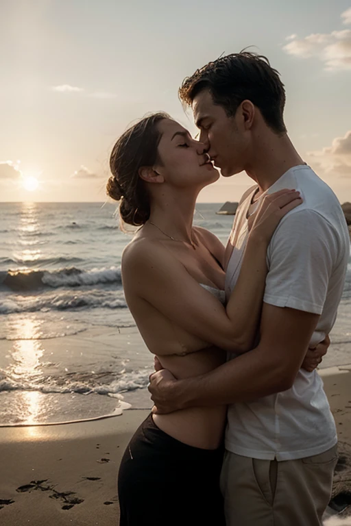Kissing scene, man and woman, on the beach, at night