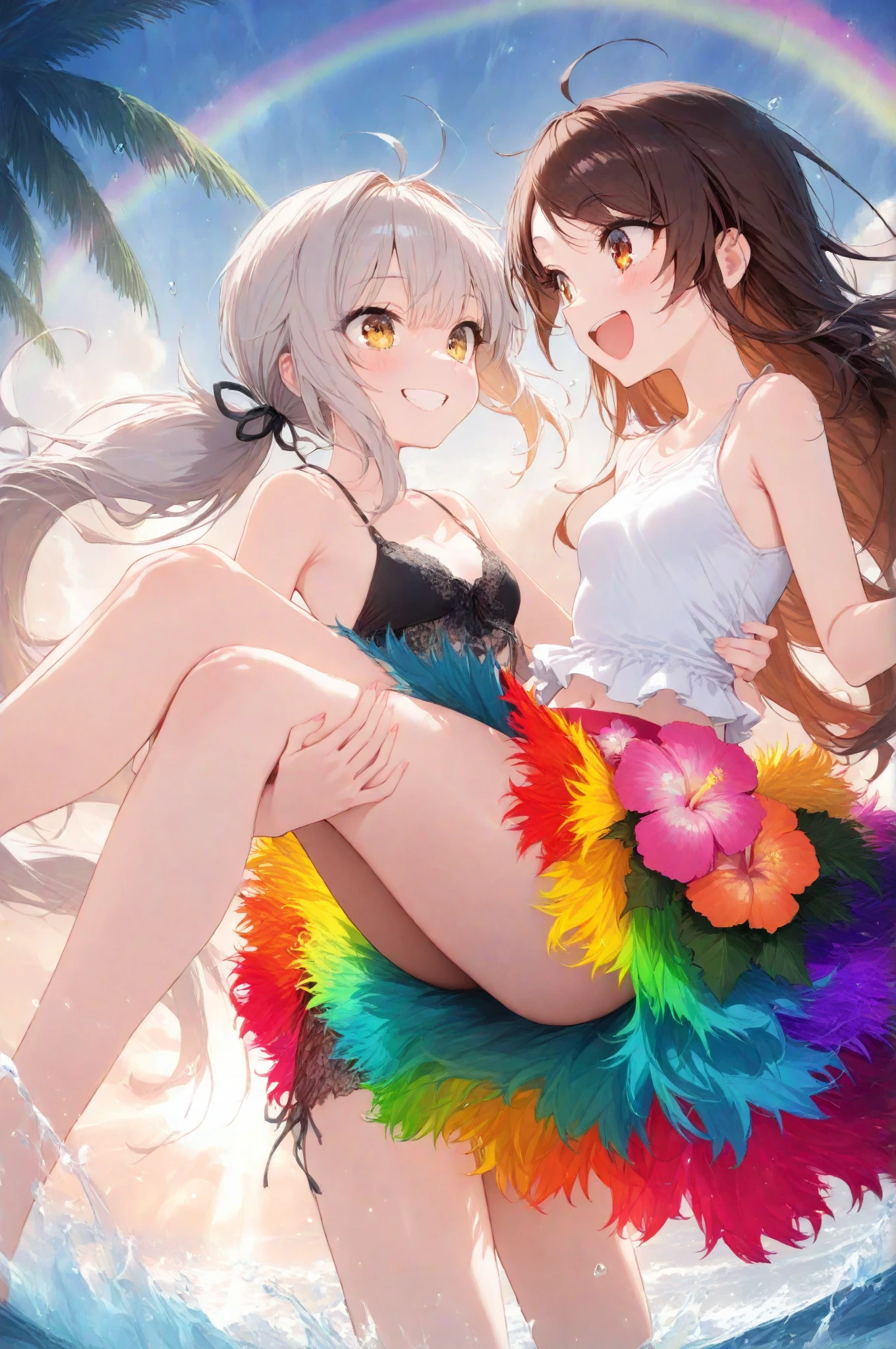 (best quality, highres),spring morning,Jello wrestling,2 extremely cute Asian women,bikinis,giggling,wrestling,playful,energetic,interactive,American crowd,cheering,laughing,surprised expressions,having fun,refreshing,green lime Jello,vibrant colors,transparent,vat of jello,shaking Jello,jiggly texture,wobbly,wrestling mat,bouncy,tables,crowd,coffee,excited chatter,lively atmosphere,relaxed,joyful,Sunday brunch,beautiful weather,outdoor setting,sunshine streaming,shadows,faint breeze,green grass,trees in bloom,flowering cherry blossoms,pink and white petals,pigeons fluttering,background noise of birds chirping,freshly brewed coffee aroma,filled with happiness and laughter,memorable moment,photorealistic,crisp details,vivid colors,pulsating energy,sunny disposition,embrace of spring.