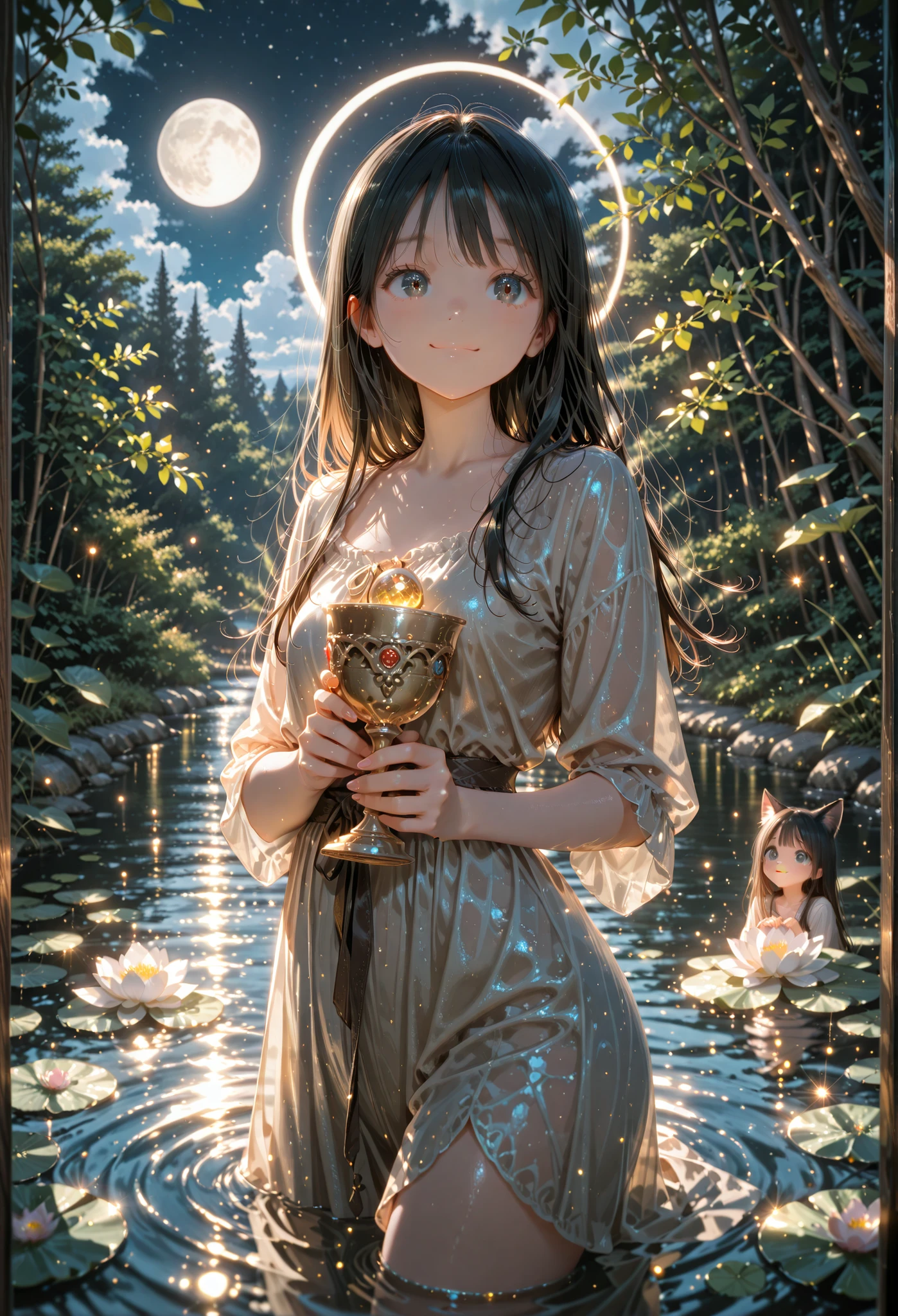 A girl with warm and loving smile, big eyes, little smile, black hair, holding a chalice, light in the chalice .stand in the river, water lilly around her, moon in the background.