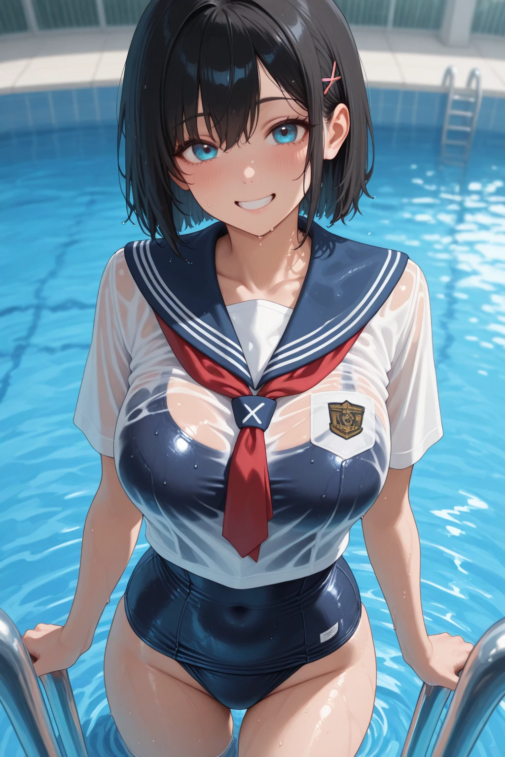 ​(Best quality, 8K, Masterpiece:1.3, 1 girl, solo, Beautiful girl), cute, Dynamism, Detailed face, Detailed skin, detailed clothes, Detailed eyes, Detailed lips, Detailed tongue, Detailed fingers, Detailed mouth, Photorealistic, Raw photo, highres, hight resolution, Natural lighting, dynamic pose, perfect anatomy, toned legs, double eyelids, tear bags, round eyes, moist lips, sweaty, (sailor high-cut swimsuit), white swimsuit, tight-fitting clothes, sleeveless, indoor racing pool, smile, grin, pixie cut, cowboy shot, masturbation, peeing, spreading legs, camel toe, wet hair, cum in pussy, ahegao, half closed eyes, tongue out, cum on tongue, drooling, steam, grabbing breasts herself, grabbing crotch herself, leaning forward