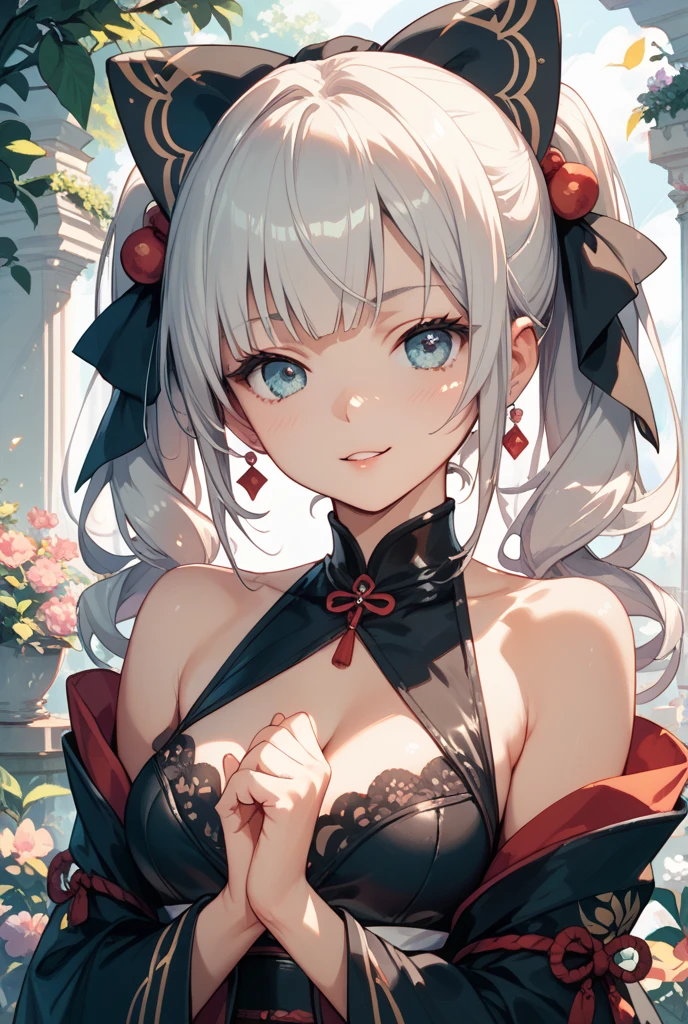 1 Girl, Black Chinese Dress, Long Black Stockings, Black Lace Sleeves, Red Lace Ribbon, Medium Breasts, Blue Eyes, Platinum White Hair, Twin Tail Hair Style, Pale White Skin, Smooth Skin, Face Freckles, Nice Cleavage, Slutty, Sexy, Sassy, Smirking, Tease, Teasing, Close Up, Upper Body Shot,