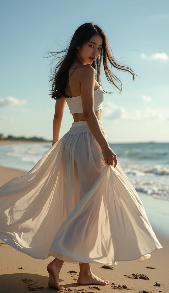 ((Masterpiece))), ((Best Quality))), ((Ultra Detailed)), (Surreal), (Highly Detailed CG Illustration), Official Art, Cinematic Light, Realistic, A Young Beautiful Girl, Perfect Figure, White Skirt, Dress, Beach, Sunset, Gorgeous, Full View, Footsteps, Confident Woman, Mature Charm, Heads Up, Detailed Details