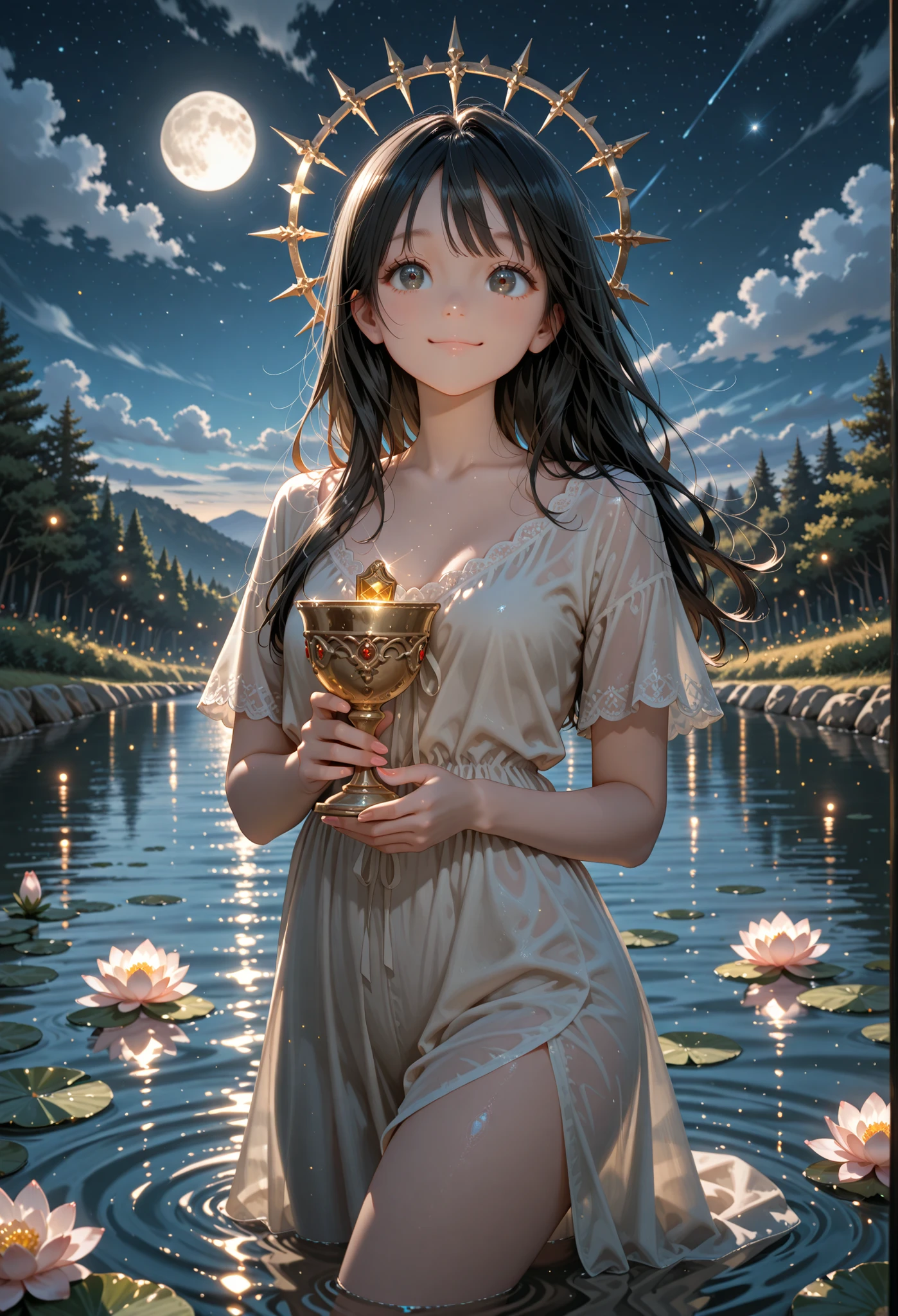 A girl with warm and loving smile, big eyes, little smile, black hair, holding a chalice, light in the chalice .stand in the river, water lilly around her, moon in the background.