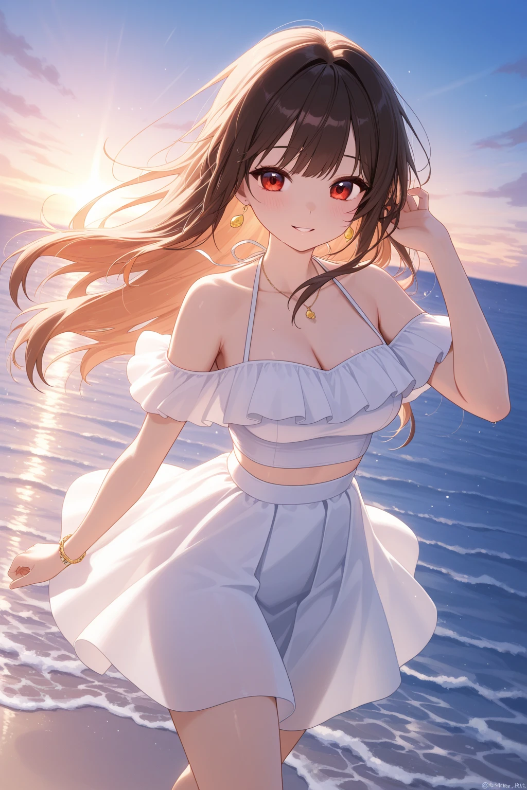 ((White evening dress:1.5)), ((The costume is shiny:1.5)), ((White skirt:1.5)), ((In Kyoto Animation Style)), masutepiece, Professional Lighting, Detailed face, Detailed eyes, super precision, Extremely beautiful, Princess Face, 1 girl, Sexy Girl, ((Solo:1.5)), 20 years old, ((Cowboy Shot:1.5)), Dynamic Poses, Cute face, Boyish girl, ((Dark hair)), ((shorth hair:1.5)), Straight hair, Dark hair, Short ponytail, Black eyes, ((Smaller breasts)), BREAK, ((Orange tie:1.5)), Luxury liner, deck, A smile, ((Above the sea:1.5)), Looking at the sea,