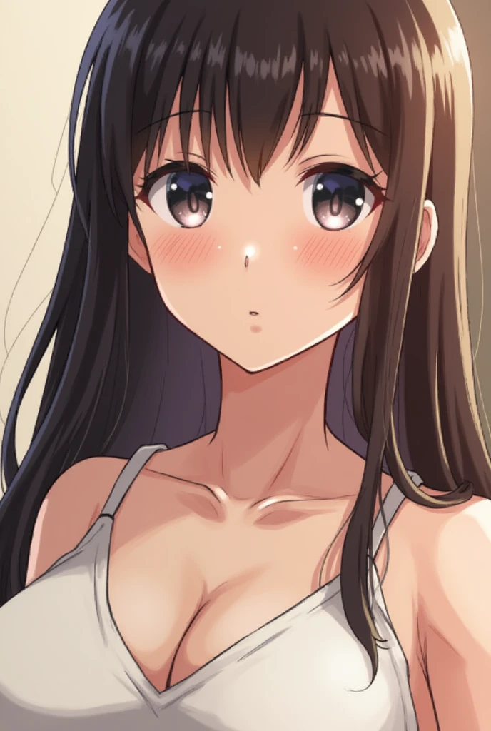 (Upper Body),alone,Medium Shot,masterpiece,Portraiture, 8k,Realistic, Elegant mature woman, Brown eyes, (Black Hair:1.4), smile,Big Breasts,(Transparent camisole),Long Straight Hair, Beautiful breasts,See-through nipples, 4K resolution, High quality CG, Beautiful CG, Soft Light
