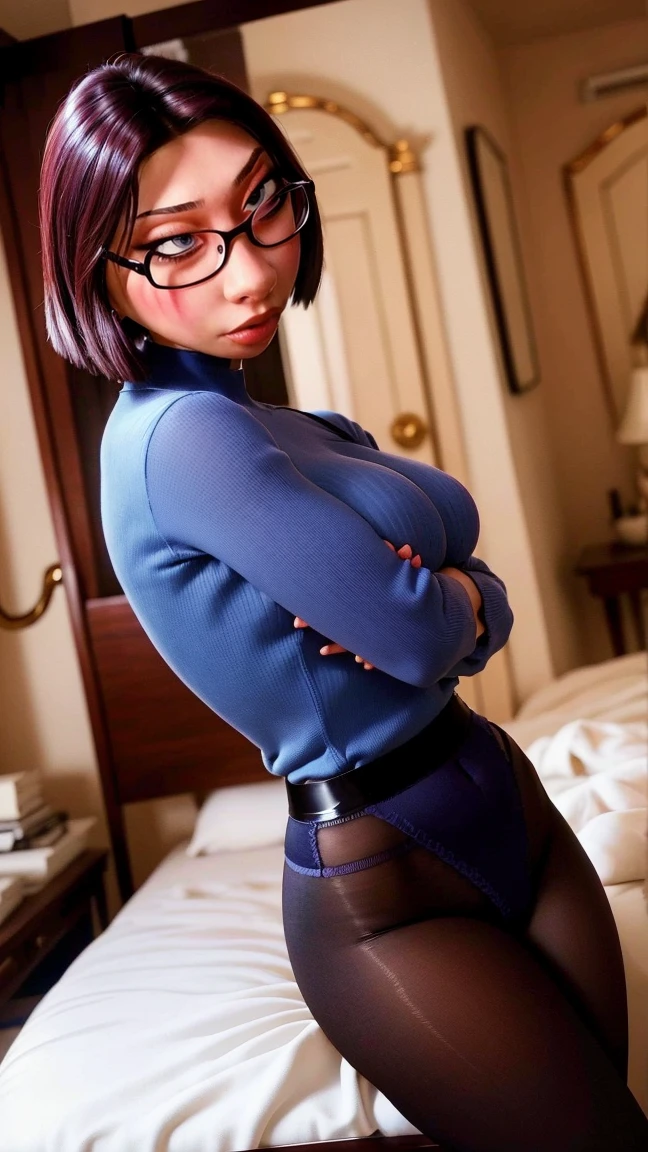 ((((Woman showing crotch with wide open legs)))),sitting on ,rather thick body shape,High Leg Tube Top,high-heels,Shorthair,eye glass, ((((Wear plain blue tights all over your body.)))) --auto