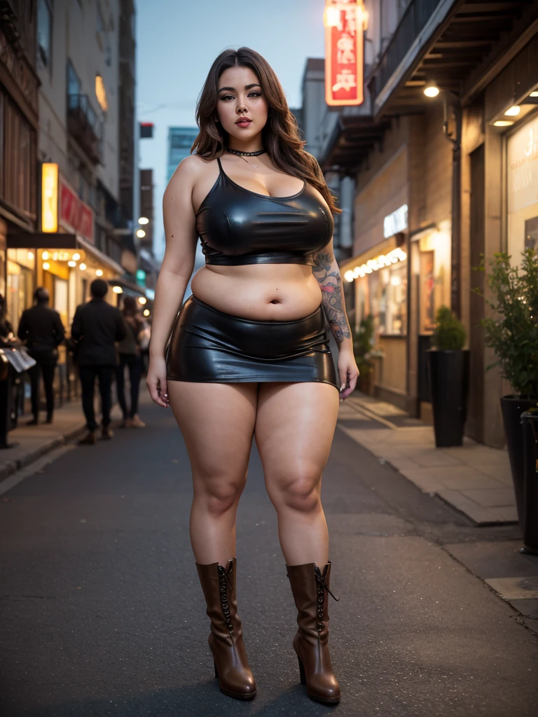 teen, teenager, young, Asian, cute, , glasses, brown skin, tanned, voluptuous, curvy, chubby, very wide hips, thick thighs, slim waist, leather shorts, vest, Prague street