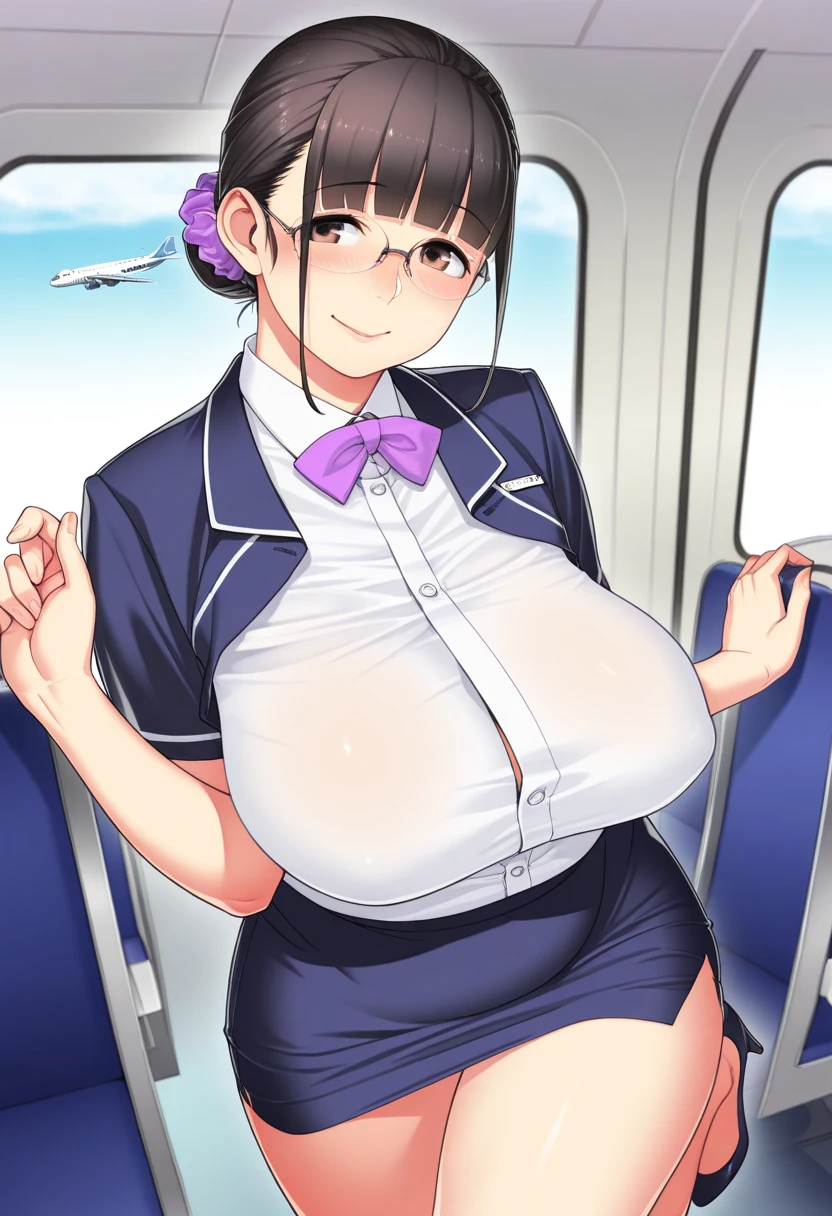 Score_9, score_8_up, score_7_up, score_6_up, score_5_up, score_4_up, source_anime, solo, 1girl, makeup, whore, prostitute, cute mature female, sagging huge breasts, wide hips, thick thighs, BREAK Tomoe gozen, French twist updo hair, stewardess uniform, sleeveless, bow tie, huge areolae, areola slip, black areolae, earrings, fishnet thighhighs, kneeling, sideview, brown eyes, long eyelashes, looking at viewer, pov, in airport, crowded ,covered nipples, watch, seductive smile, collarbone, head tilt, hairy stomach hair, showing hairy armpit hair, sweating, handjob, hentai atmosphere, bukkake, cum shot from penis, Japanese
