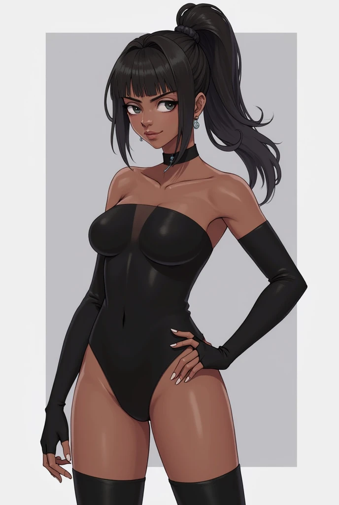 (masterpiece, best quality:1.3), highly detailed, intricate, professional art, digital art, 8K, blake belladonna, (african woman: 2.3), (dark skin: 2.8), stands while looking around, back view, ass focus, huge breasts, (simple background, single color:1.15), cowboy shot, close up, animal eyes, cat ears, big ass, black hair, long hair, blunt bangs, lipstick, (purple makeup:1.1), black eyeshadow, smokey eyes, detailed hair, ultra detailed face, yellow eyes, perfect eyes, beautiful eyes, detailed eyes, perfect face, (very dark skin: 1.8), african woman, (african woman: 2.1), very dark skin character, (very dark skin: 3.2) (tail:0), (japanese clothes:0.6), (leotard:1.2), bicep-length gloves, fingerless gloves, (hip vent:0.9), (bridal gauntlets:1.1), shrug (clothing), black gloves, elbow gloves, (young female, 16 years old:1.1, black woman: 2.4), Large Breasts, cleavage, (fit body: 1.1) Half jacket that fused with half leotard. Black and white outfit. Her weapon Gambol Shroud in piston form.