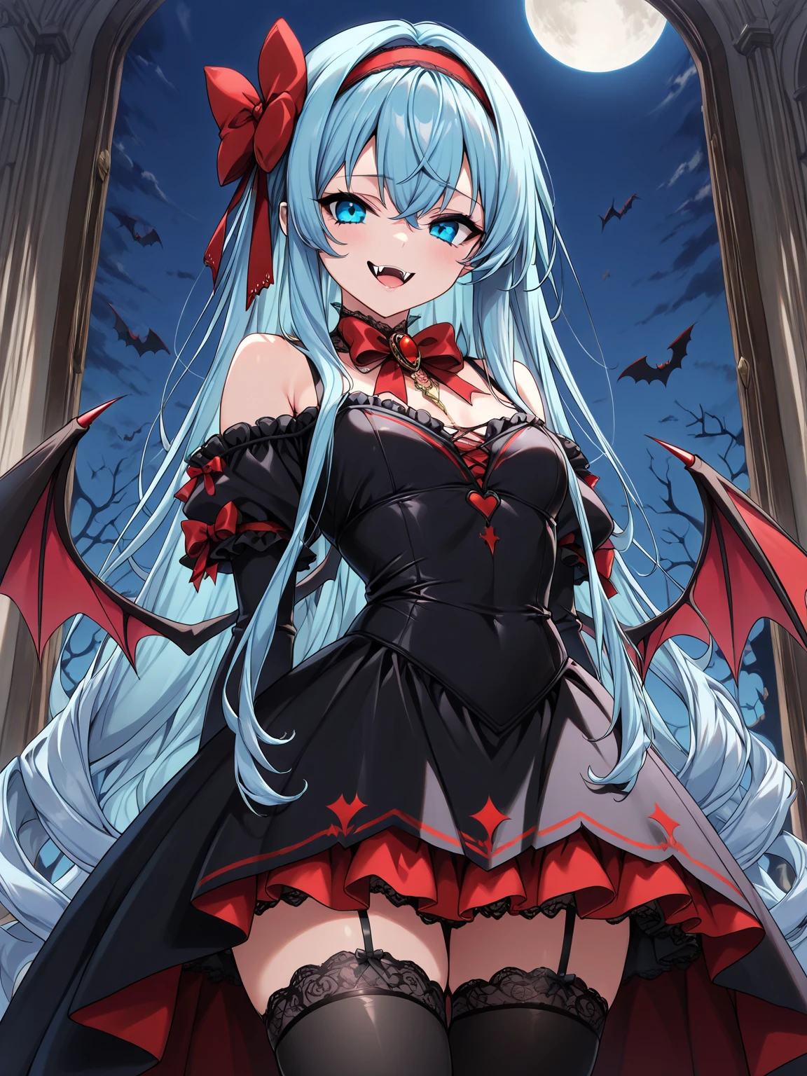 (little girl),((Crazy and angry smile)), (slit pupils), (((masterpiece))), ((best quality)), (super delicate), (illustration), (floating hair), bat, red moon,(slim legs), {(big white cloth hat)}, (1 girl), ( bat wings), (light blue hair), red eyes, long red hair, castle, beautiful and delicate eyes, (large breast), (Black and white tight lace skirt), blood ,