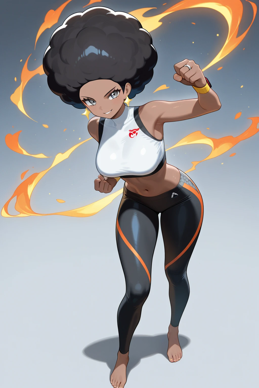 African american woman, styalized anime art style, tight body, big breasts, back pose, looking at the camera. elemental powers, fire floats around her