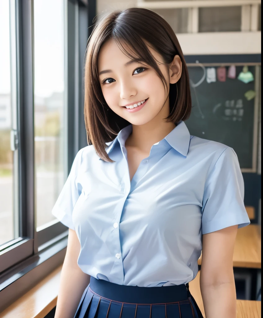 product quality, 1girl, upper body shot, front view, a Japanese young pretty woman, bob hair, glamorous figure, wearing a short sleeves white collared silky shirt with a dark blue satin plain bow tie, wearing a dark blue pleated long skirt, sitting with a big smile on a chair in front of a desk in a crowded classroom, a lunch box on the desk, hyper cute face, glossy lips, double eyelids in both eyes, natural makeup, long eyelashes, shiny smooth light brown bob hair, asymmetrical bangs, a tanned skin, central image, high resolution, high detail, detailed hairstyle, detailed face, spectacular cinematic lighting, octane rendering, vibrant, hyper realistic, perfect limbs, perfect anatomy