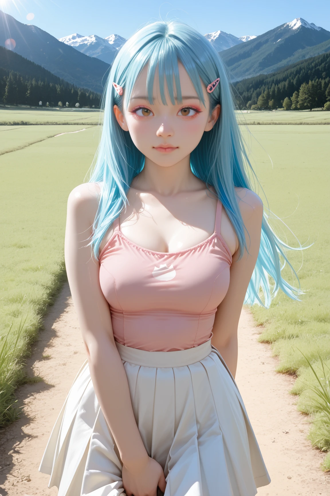 (10 years old) ,girl、(Bunny ears headband)。(Random Nudes),Exhibitionism,((Random exposure of genitals))。 Beautiful areola。Small breasts. Thin Hair。(On top of a snowy mountain). Detailed and complex background。((Bright light blue hair))。(Round face). ((Big twin tail hair)). Cute smile. Idol's face. Smooth Hair. Thin Hair. White skin. Cute pose with legs apart.