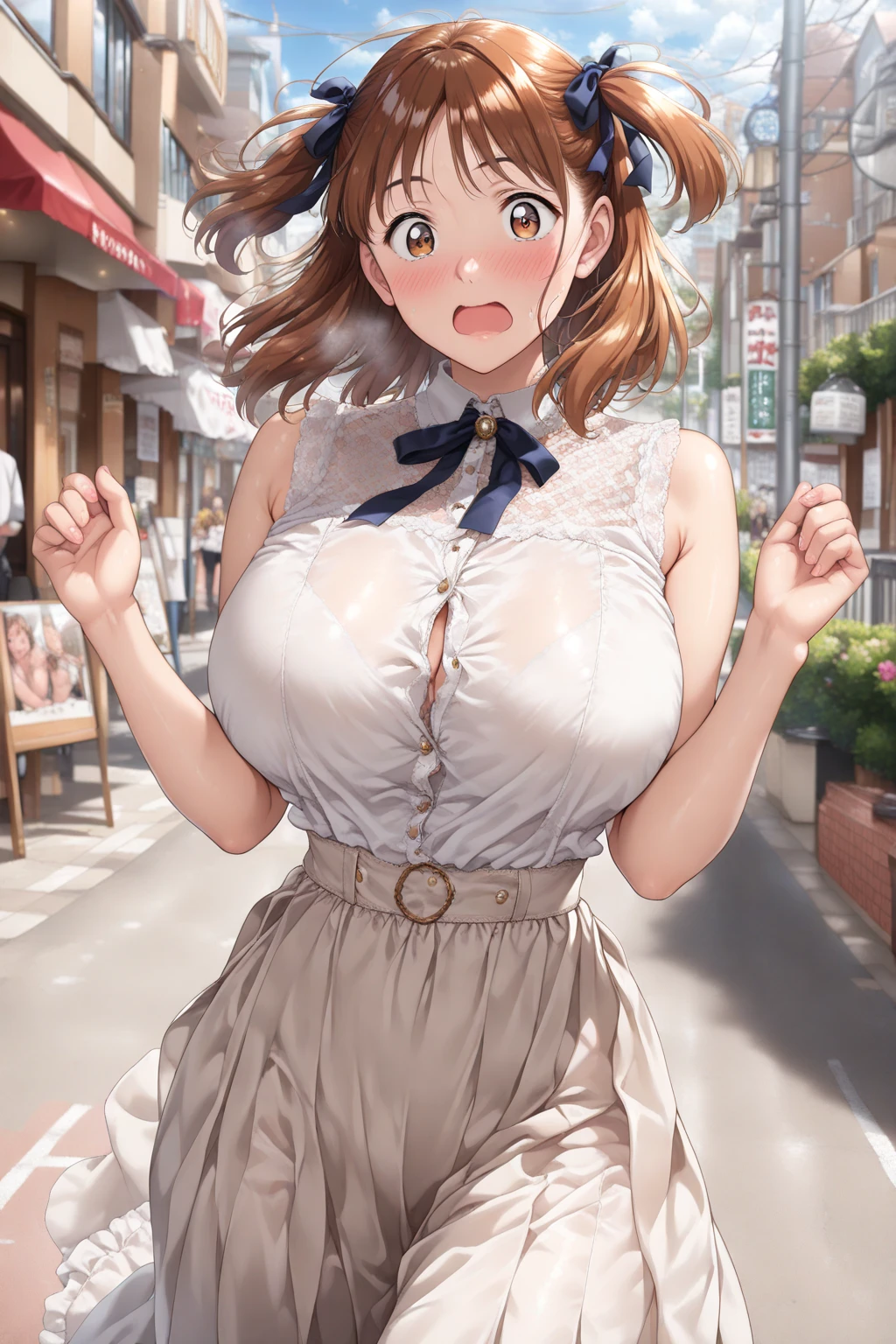 NSFW、独奏、(No sleeve、White dress white、Armpit)、Toned body、Bare thighs、(short hair、Brown Hair、Barrette、hair ornaments)、(Brown eyes:1.5)、(yuihirasawa、yui hirasawa、Yui Hirasawa)、(Panty shot、White panties、Panties transparent with sweat、Mansuji)、Big Breasts、In town、bustling street、独奏