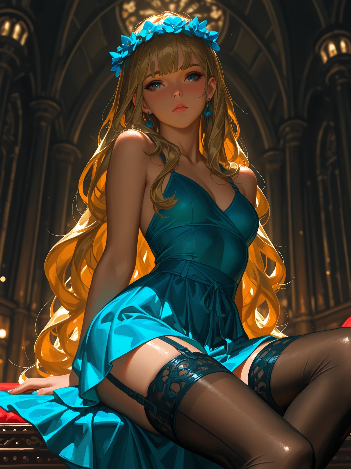 Fullbody 128k Bluray Extreme UHD 4K High quality image . incredibly beautiful young woman with long, wave golden hair, big lips, blue eyes. Her presence radiates elegance and charm, her features perfectly highlighted by the ambient glow. Her presence radiates elegance and charm, her features perfectly highlighted by the ambient glow, immersed in happiness, adding a personal and intimate touch to the scene." beautiful fantasy portrait, 8K, UHD, Ultra HD 8K image, extremely fascinating ethereal light, intricate details , extremely detailed, incredibly detailed. The woman black sparkles transparent dress a dress on high heels. she is on the stairs masturbating with the railing.
