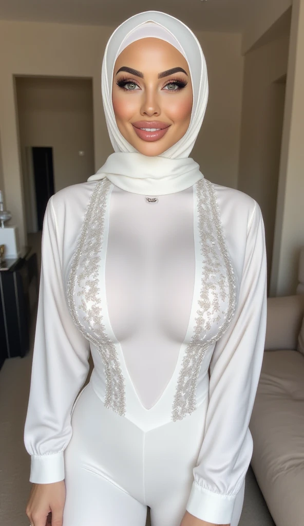 The beautiful,thin and clever asian muslimah adult girl with beautiful cheeks wears white leopard print lycra turtleneck unitard catsuit covered with stripes and white leopard print lycra elastane stretchy dancewear shawl hijab covered with stripes.She is crying in the cage.