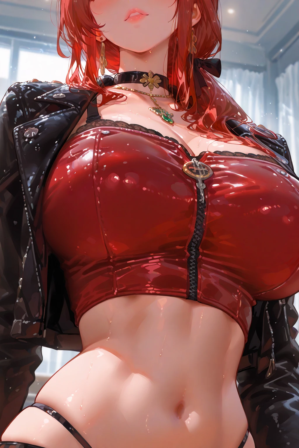 1 beautiful woman, ((sleep in the overcrowded train)), closed eyes, wet pink underboob, beautiful face, seductive, a lot of makeup, (((short wavy red hair, bob cut))), red boots