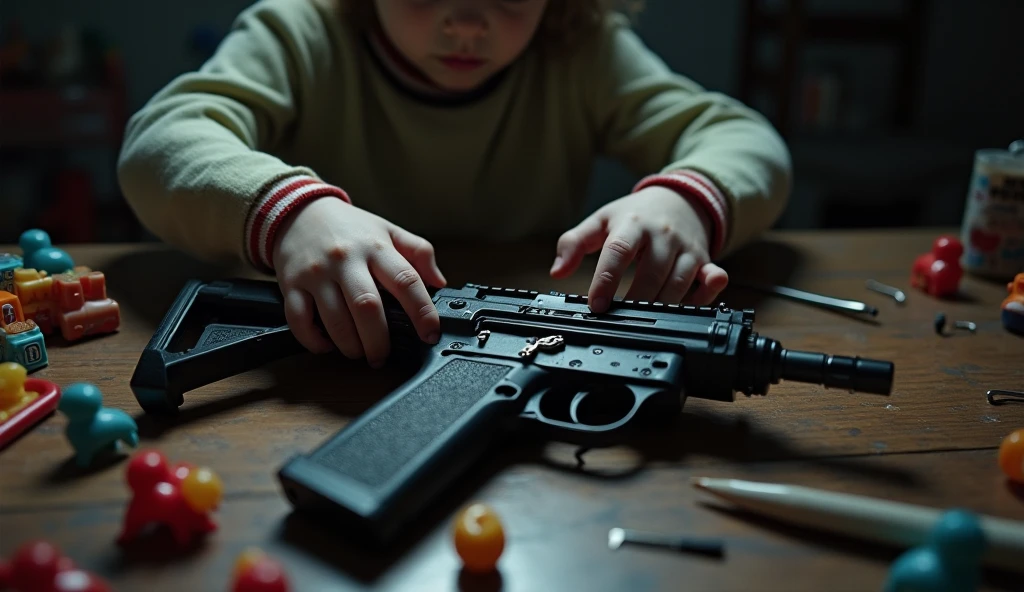 A  red-haired child holding a doll and a gun 
