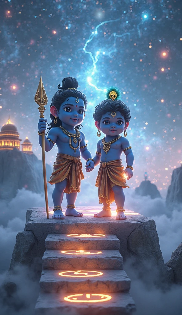 cute lord Krishna with Krishna blue skin background mountain snow
