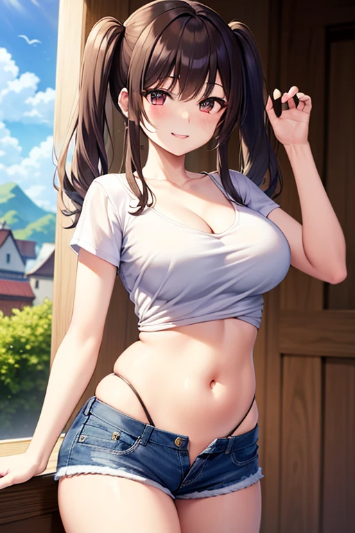 1 girl, ((blush:1.2)), embarrassing, ((white shirt)), soft and large breasts, i cup breast, denim shorts, ((exposed thighs)), ((long and thin legs)), ((thin waist)), thick thighs, ((Shorts that cut into the crotch)), hairpin, cowboy shot, Beautiful woman, beautiful face, wet shirt, Close your legs, sexy, cute eyes, Weak women, My body is full of holes