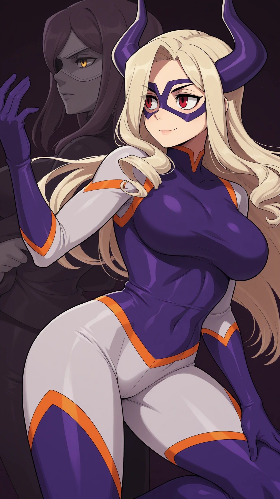 ultra-detailed, Explicit, Beautiful body, Beautiful Nose, Beautiful character design, perfect eyes, perfect face, ultra highres, 4K, beautiful legs, perfect legs, Nice hands, Perfect hand, Masterpiece, Best Quality, Highly detailed, illustration, absurdres, , girls, multiple girls, expressionless, blank eyes, looking at viewer, emotionless, black latex, corrution, mind control, female combatant, full body, hypnotized, unhappy trance, full body suit, ribbed bodysuit, both arms at side, stand up straight, obey, perfect female body, extremely glossy latex, hypnosis, hypnoLora, empty eyes, Mind control device, poses, submissive_pose, Slave, stand up straight, standing, standing at attention, extending the right arm from the shoulder into the air with a straightened hand, nazi saluting, military, military saluting, salute, right hand saluting, left hand at side, latex, ribbed bodysuit, wide hip, thicc, a curvy body, Zofa Soldier, whitemask, forehead emblem, navy blue bodysuit, no hair, whitemask, latexmask, black gloves, large breasts, covered face, Shiki, Senran Kagura, garter straps, long blonde hair, red eyes, belt