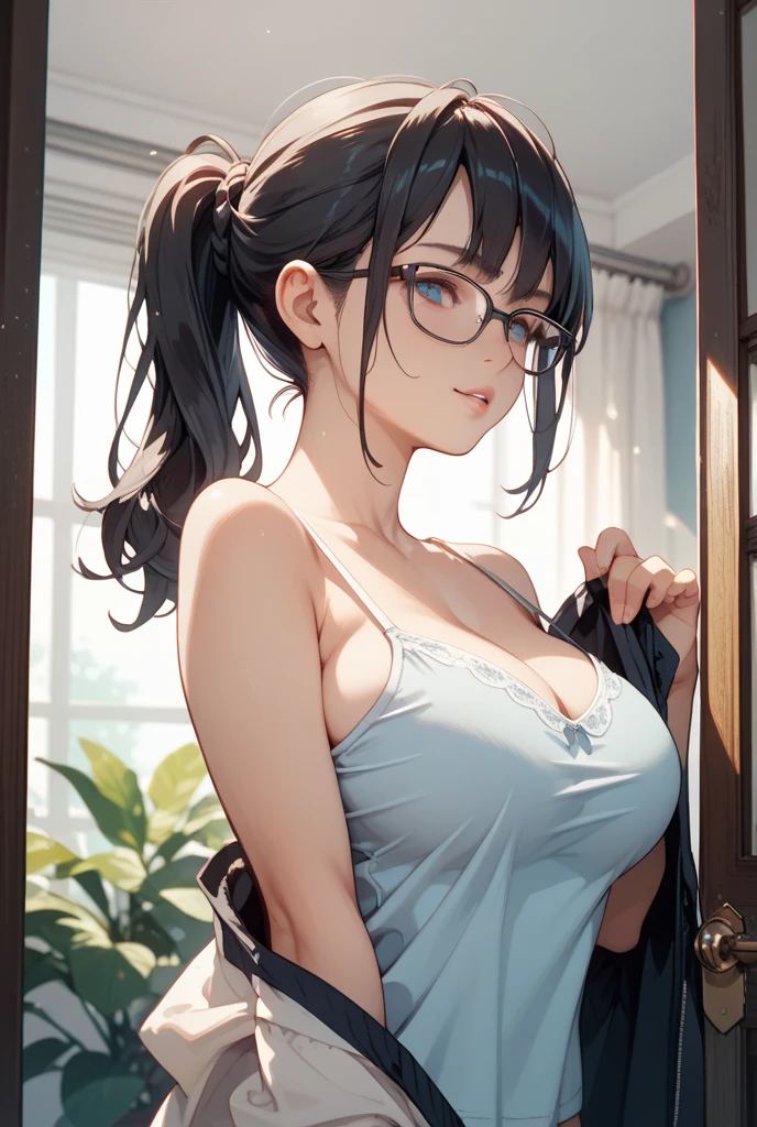 (masterpiece:1.2, highest quality), ultra high resolution, Super detailed, (realistic, photorealistic:1.4), beautiful illustrations, perfect lighting, colorful, Depth of written boundary,
looking at the viewer, whole body, Front view:0.6, 1 girl, alone, Japanese, university student, (big breasts:0.8, big ass, seductive thighs, skin dents),
(long hair:1.5, messy hair:1.7), light gray hair, asymmetrical bangs, emerald green eyes, (shiny skin),
beautiful hair, beautiful face, highly detailed face, thin and beautiful eyes, beautiful clavicle, beautiful body, beautiful breasts, beautiful thighs, beautiful feet, beautiful fingers,
(graduate school:1.8, chemical experiment, researcher:1.6)
((yellow tank top, doctor's white coat:1.8, hot pants, round glasses)), barefoot, (smile, open your mouth),