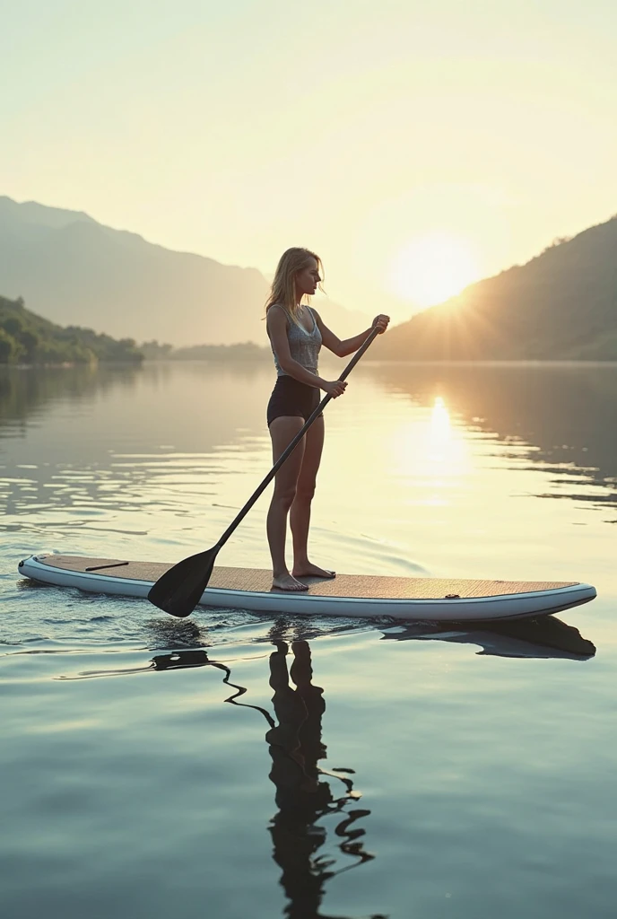 A beautiful woman riding a stand up paddle board in the water in Rio de Janeiro at sunset