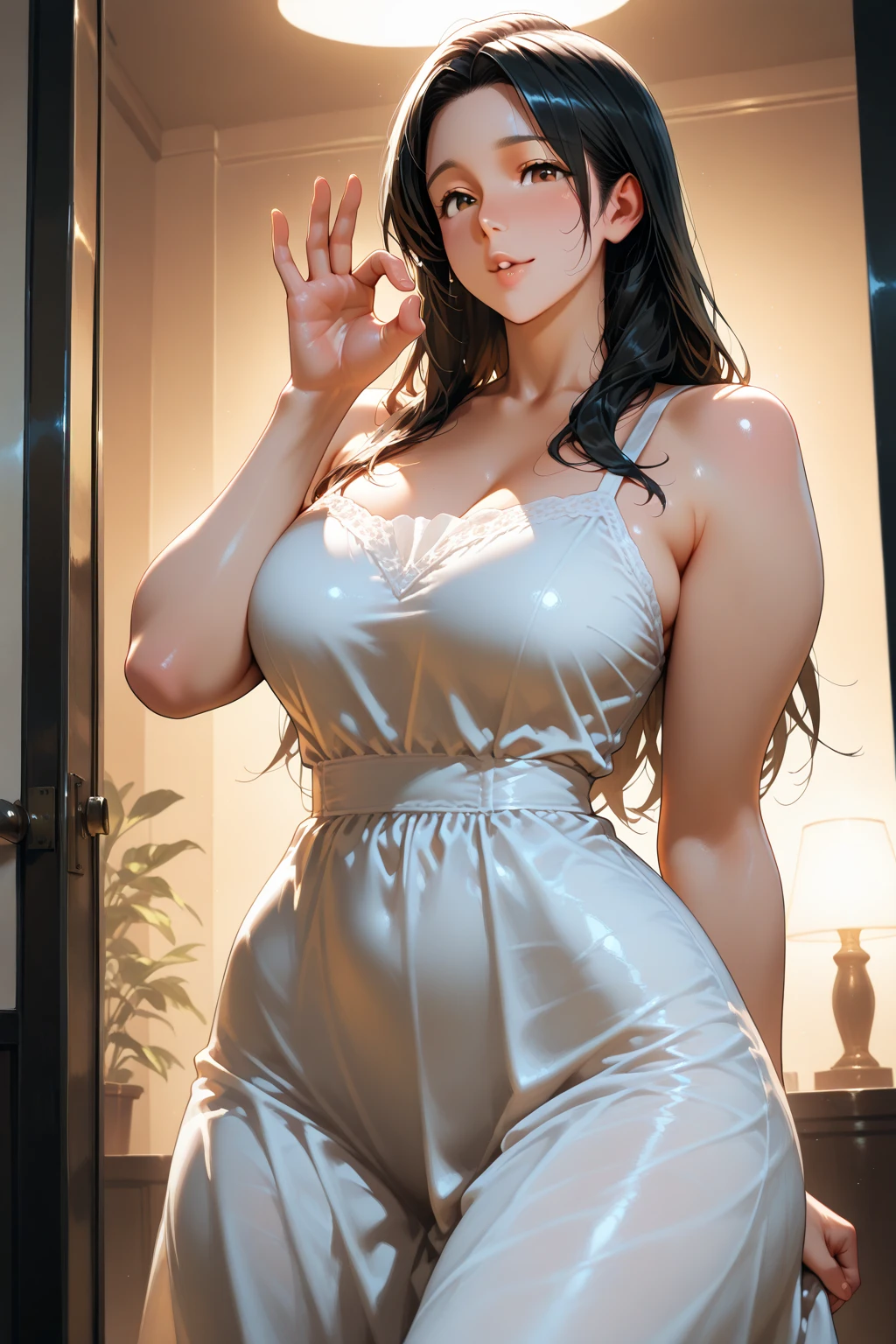 Beautiful Chitanda，只有一个beautiful girl，Purple Eyes, Black Hair, Natural straight hair, Straight bangs，Extremely refined，open your lips，Face is so red，Very white skin，Skin as delicate as porcelain，Glowing skin，big eyes，Flowing long hair，beautiful girl, Like a dream，Slim，Slim waist，Soft, (Sensual), (Kawaii), Dream quality，White Dress，High slit，Sweaty and sweaty，Wet skin，Side breasts，Underwear Rain，Standing on the spiral staircase in the air，（Completely naked），Gluteal groove，Completely naked的背部，nacked hip，very close，Deep V neckline，Loose neckline，Beautiful big breasts，No pants，nopan，no pants，Bare shoulders，Exposed collarbone，Delicate clavicle，Delicate hands and feet，Bare neck，There are no clothes around the neck，Bare thighs，Exposed groin，Camel toe，extremely shy，Ultra-high resolution, (masterpiece:1.2, best quality), (Delicate and beautiful eyes: 1.2), (Beautiful and delicate face)