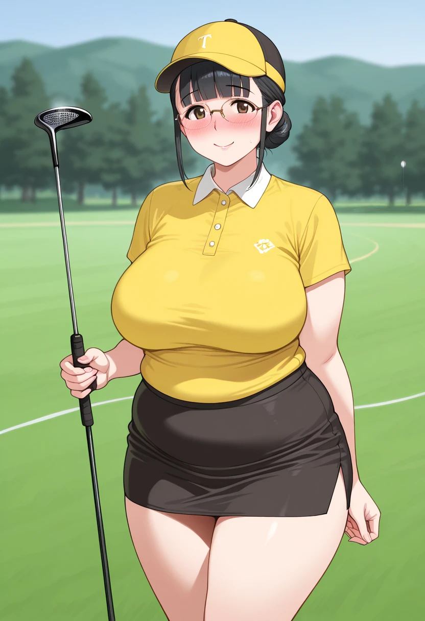 sexy woman, mature milf, dark skin, huge breasts, large breasts, curvy, voluptuous, completely nude, nude, pussy, nipples, black hair, brown eyes, curly hairstyle, earrings, golf cap, golf club in hand, sweating, shiny skin, grinning, standin, golf course, outdoor, solo focus, multiple mans, nsfw